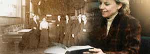 Woman reading book with image of an old Scotiabank branch in background