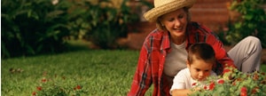 Woman and boy in garden
