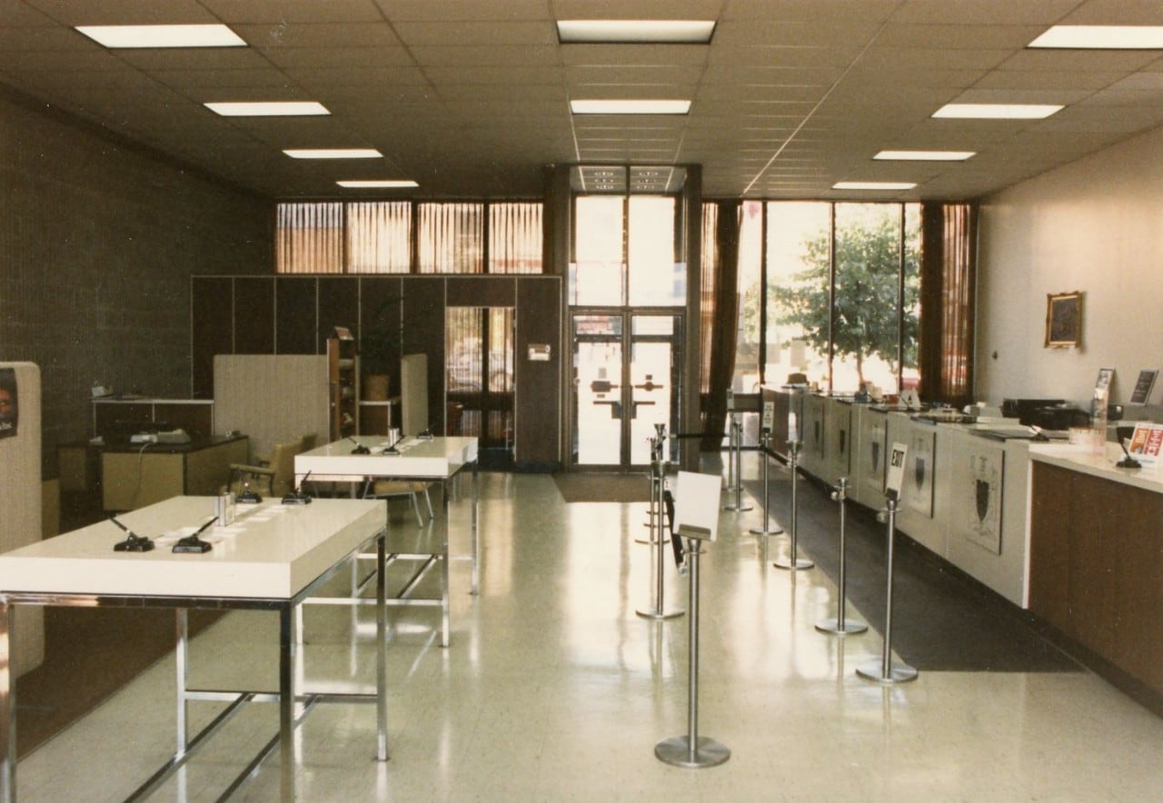 Interior view of the Scotiabank Saint John Main Branch, [between 198- and 199-]. Courtesy of the Scotiabank Archives.