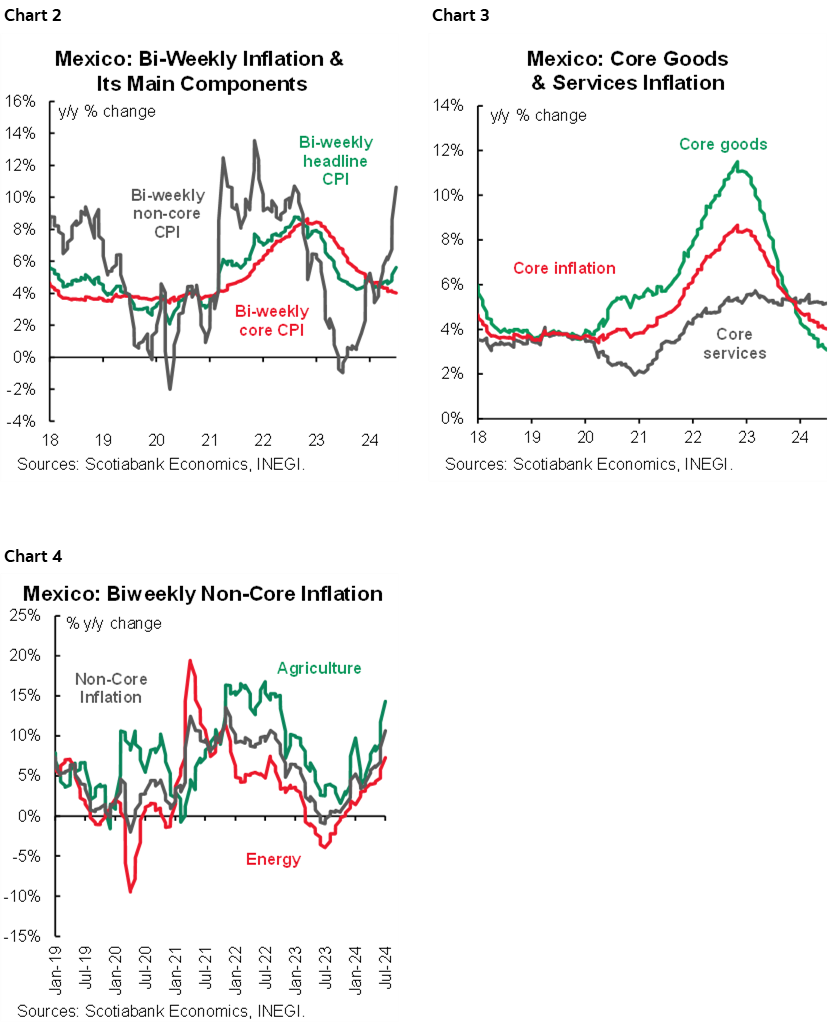 Chart 2: Mexico: Bi-Weekly Inflation & Its Main Components; Chart 3: Mexico: Core Goods & Services Inflation; Chart 4: Mexico: Biweekly Non-Core Inflation