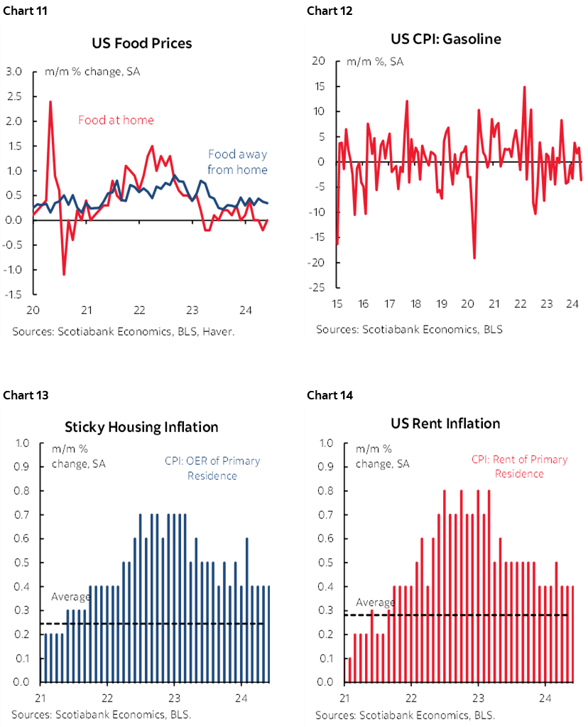 Chart 11: US Food Prices; Chart 12: US CPI: Gasoline; Chart 13: Sticky Housing Inflation; Chart 14: US Rent Inflation