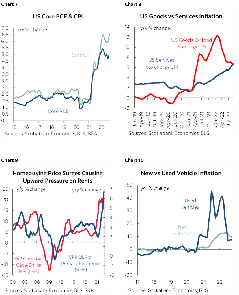 Chart 7: US Core PCE & CPI; Chart 8: US Goods vs Services Inflation; Chart 9: Homebuying Price Surges Causing Upward Pressure on Rents; Chart 10: New vs Used Vehicle Inflation