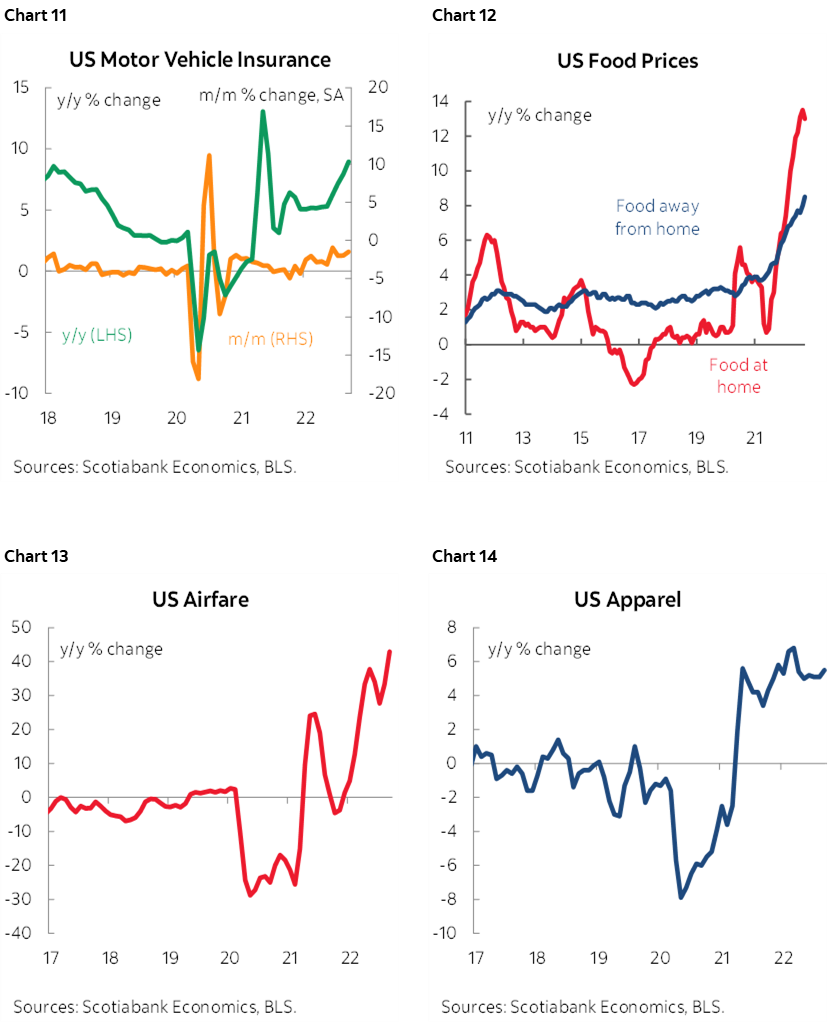 Chart 11: US Motor Vehicle Insurance; Chart 12: US Food Prices; Chart 13: US Airfare; Chart 14:  US Apparel