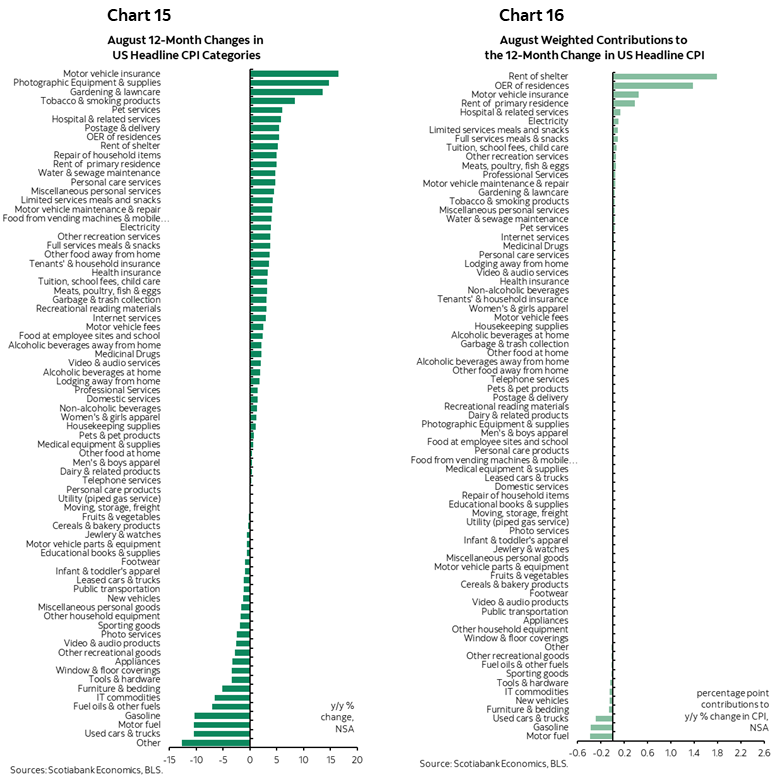 Chart 15: August 12-Month Changes in US Headline CPI Categories; Chart 16: August Weighted Contributions to the 12-Month Change in US Headline CPI