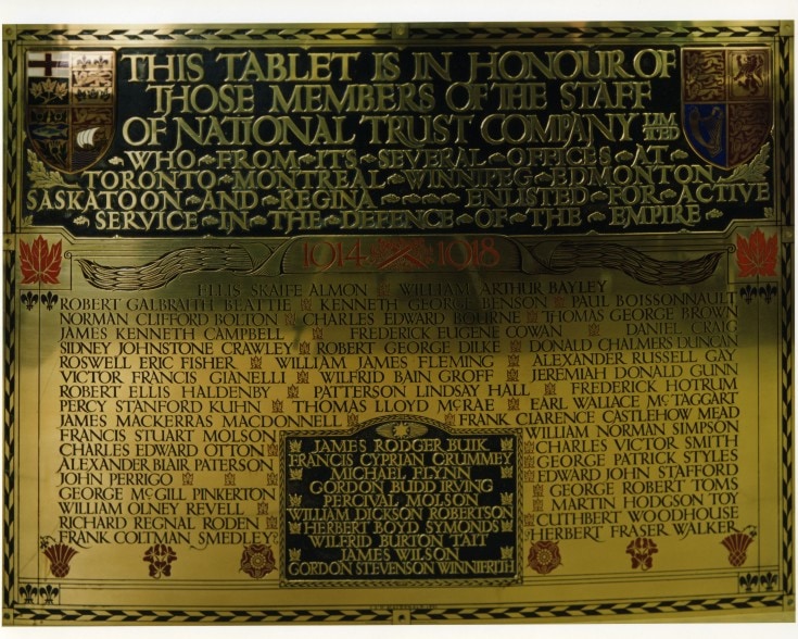 To pay tribute to those who served in The Great War, the National Trust Company commissioned J. E. H. MacDonald in 1921 to design a plaque with the names of all the men who enlisted.