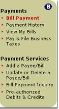 Left-hand navigation for Bill Payments sub-tab 