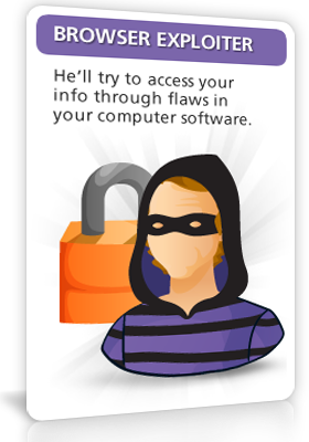 Browser Exploiter - He'll try to access your info through flaws in your computer software.